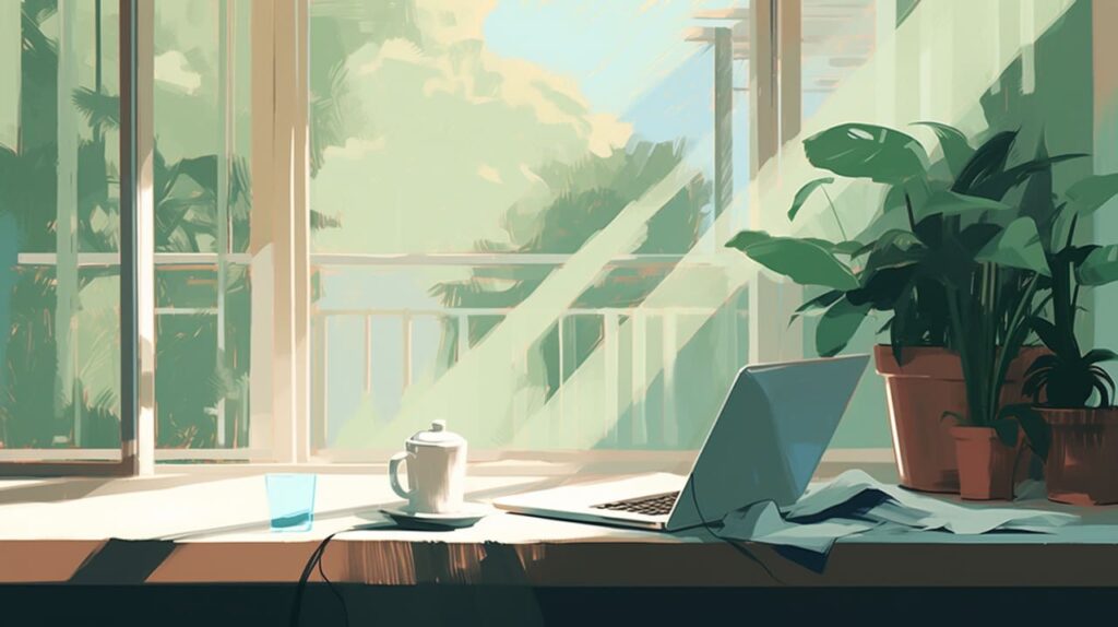 laptop and tea by the window