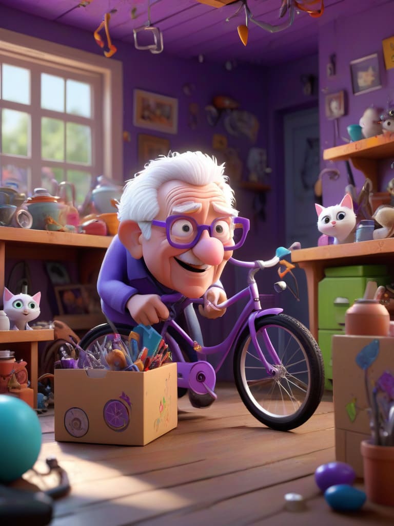 grandma fixing a purple bike