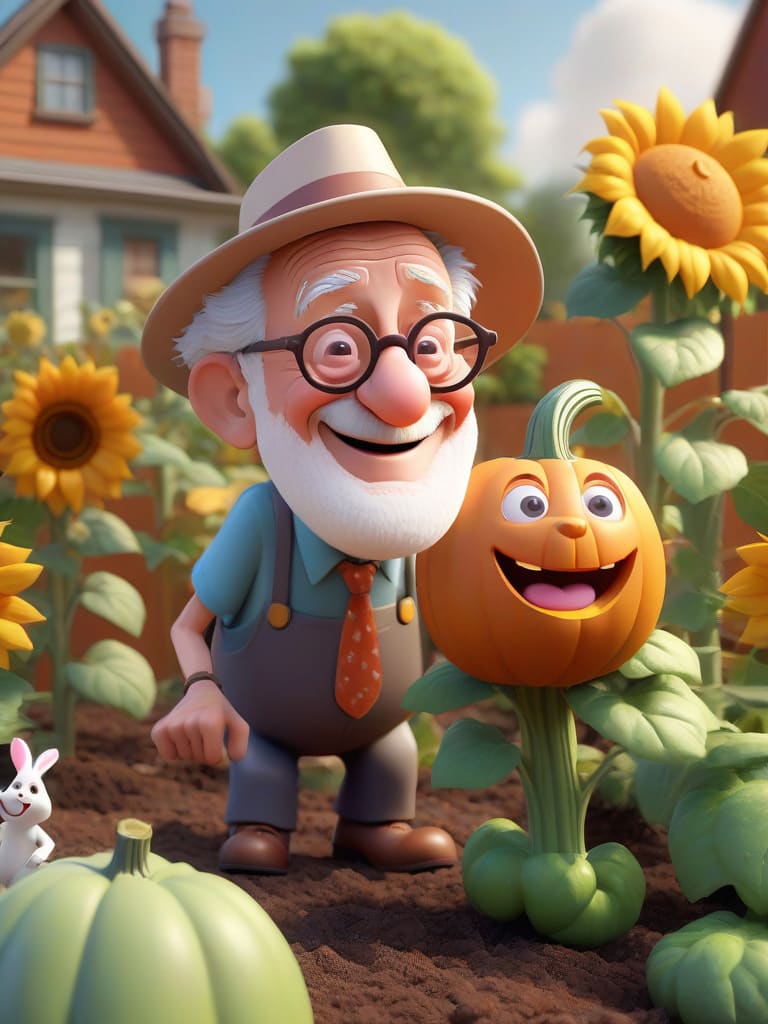 grandpa and pumpkin in the garden