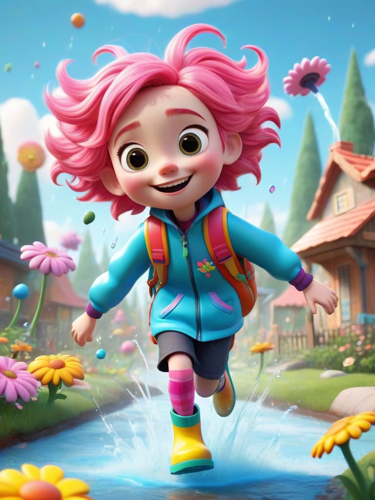 pink-haired girl splashing through puddles