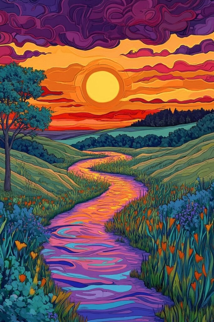 colorful landscape of sunset over a river