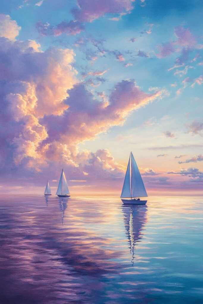 peaceful seascape scene with sailboats