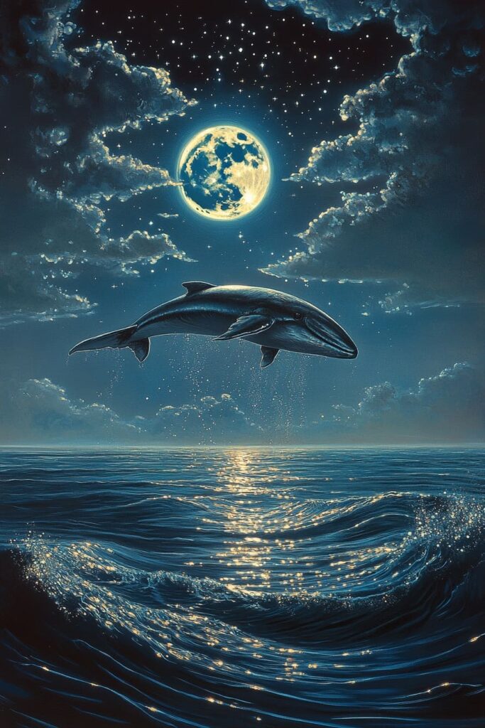 surreal seascape with whale leaping from the ocean