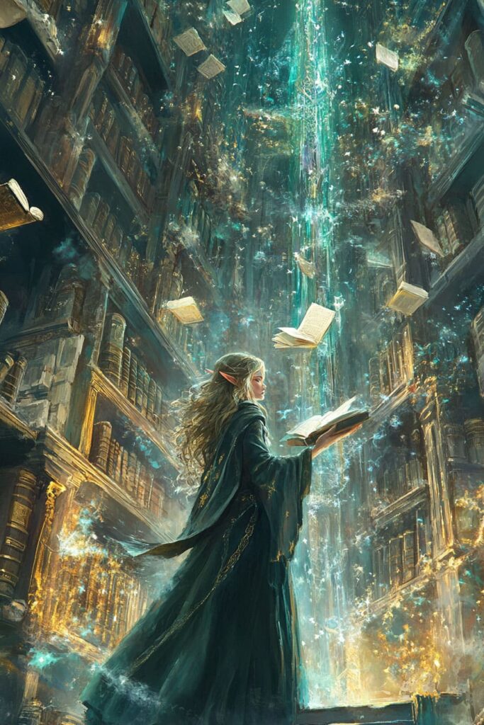 Elven scholar with floating tomes